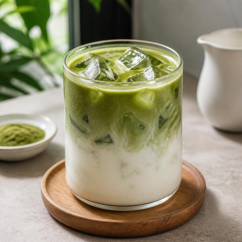 Es Macha Latte Kopi Ruang Hati dengan greentea powder susu dan sirup gula